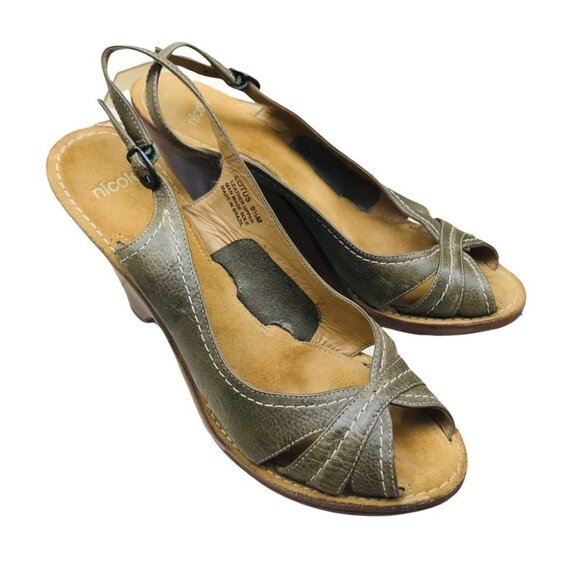 Nicole Lotus Peep Toe Leather Olive wedge Sandals Women size 9.5 - Picture 3 of 15